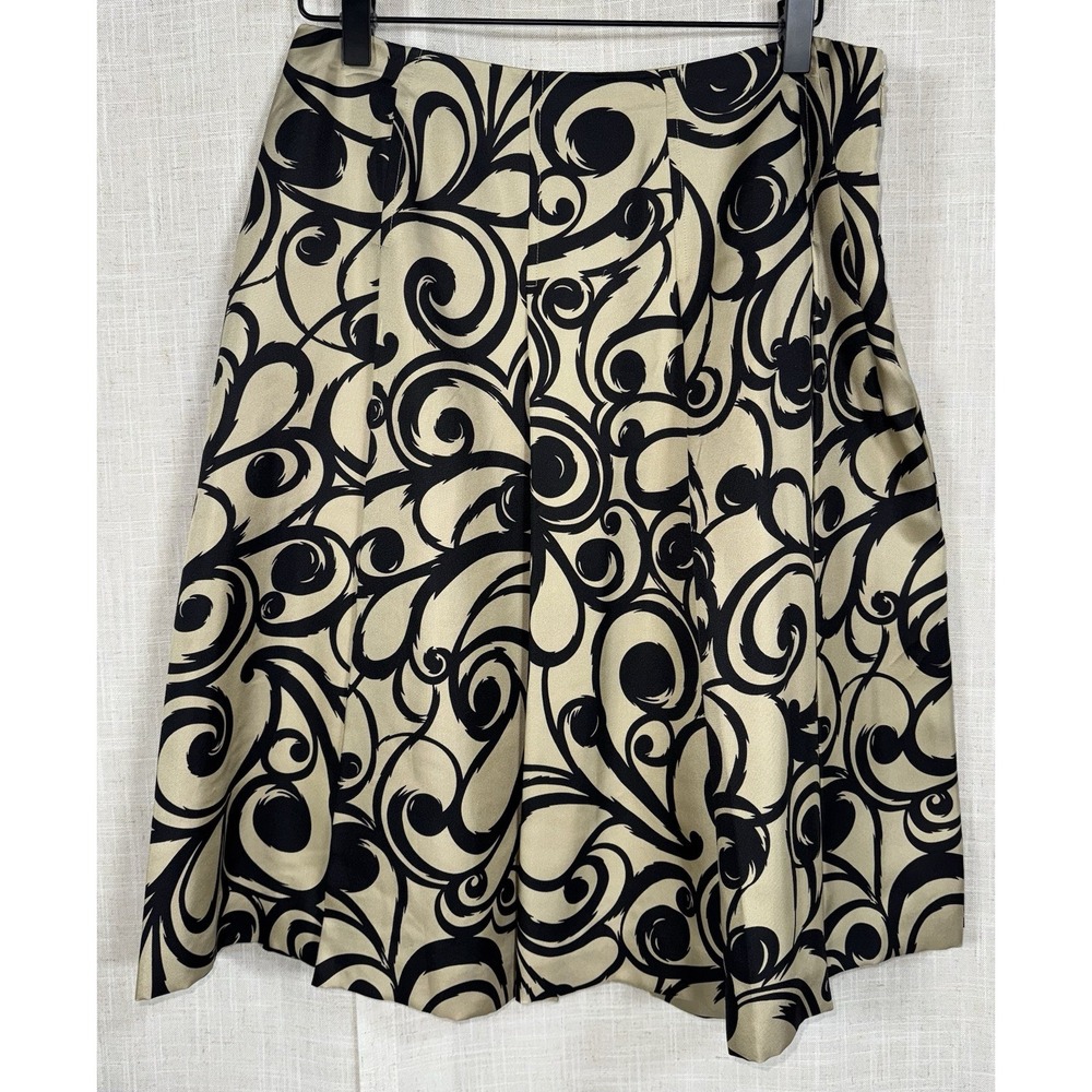 Talbots Skirt Women's Size 8 8P Petite‎ Pure Silk Champagne Black Print Swing